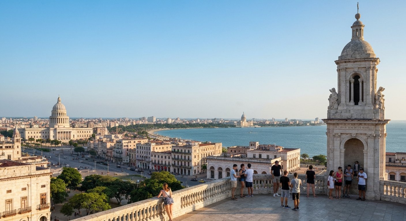 visitors on the Cristo de La Habana terrace looking across the bay to Old Havana, the Malecón, and the Capitolio under warm afternoon light