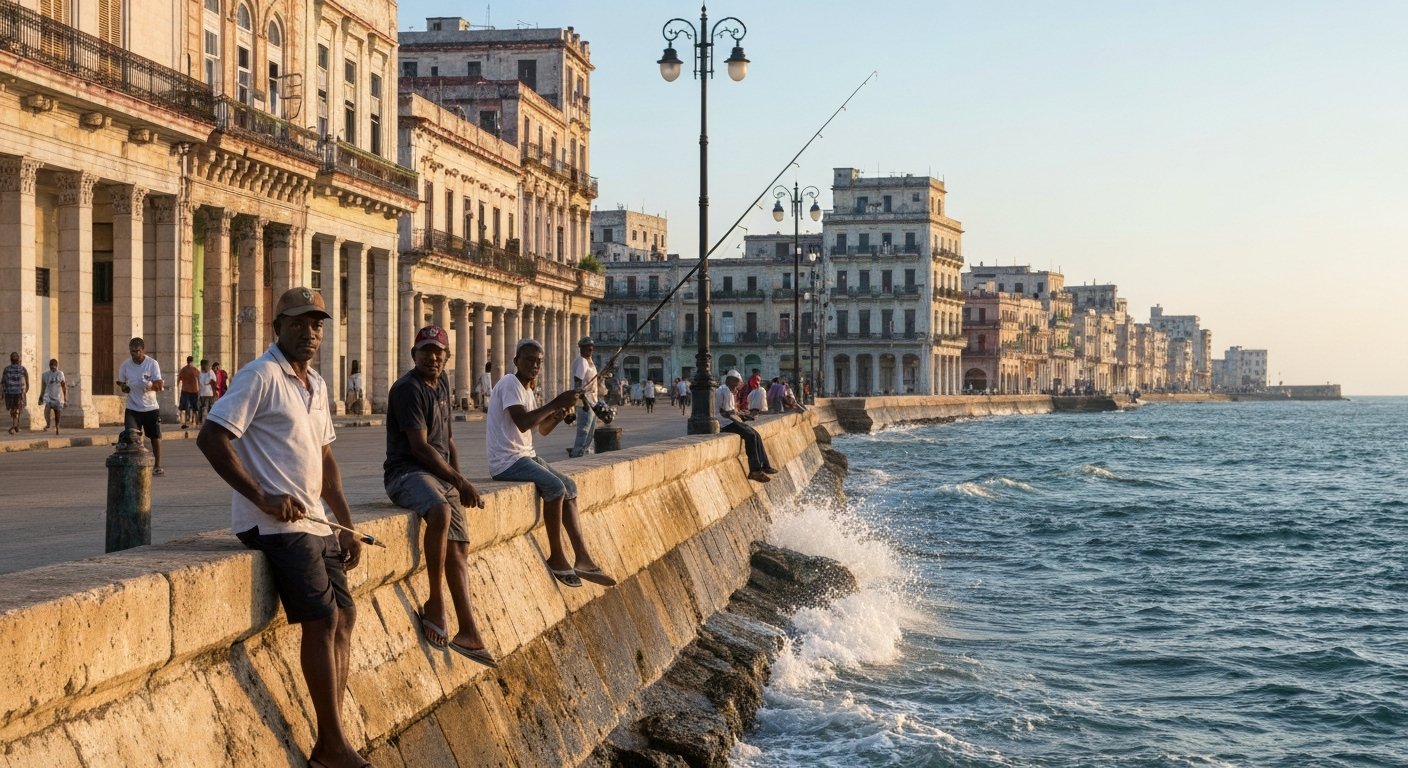 pescatori che lanciano dal tratto di Malecón del Centro Habana nel tardo pomeriggio, muraglione, spruzzi dell'Atlantico e facciate consumate di appartamenti che brillano nella luce bassa
