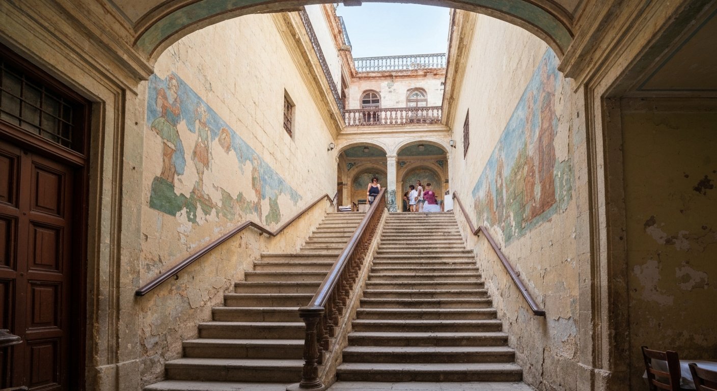 la scala all'interno de La Guarida al Concordia 418, affreschi scrostati e gradini consumati che salgono verso il ristorante sul tetto