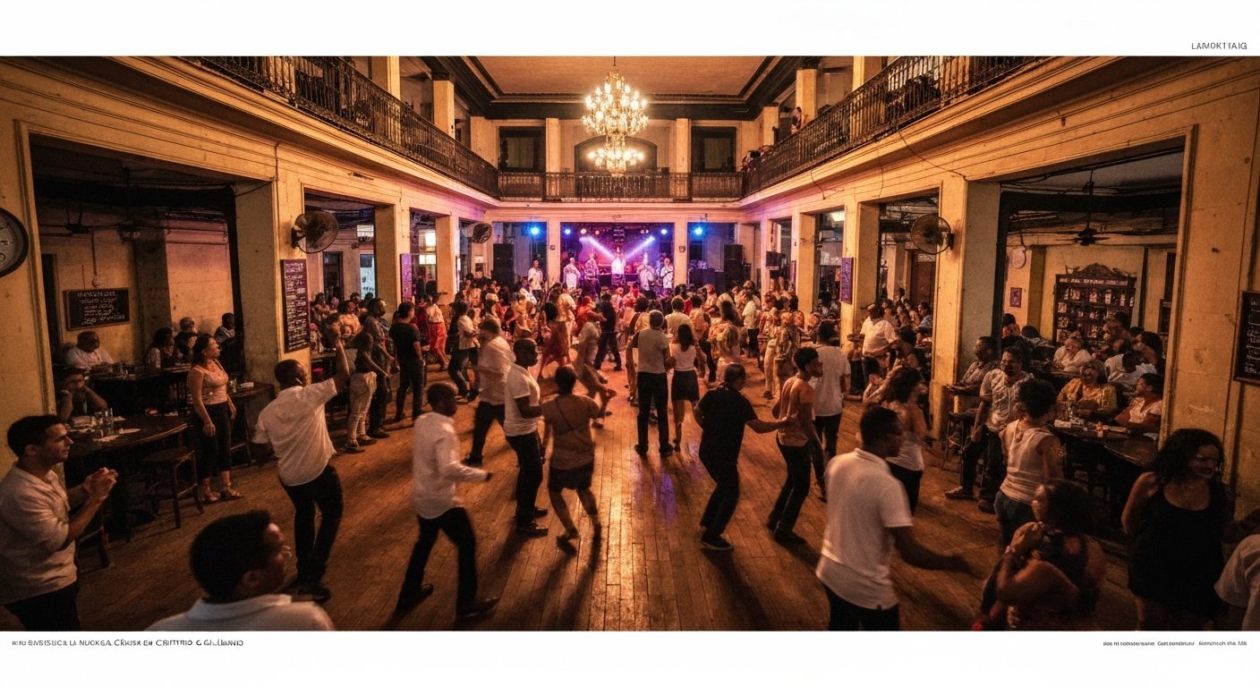 la pista da ballo affollata all'interno della Casa de la Música de Centro Habana su Galiano, ballerini in movimento sotto le luci calde del palco durante un set di timba dal vivo