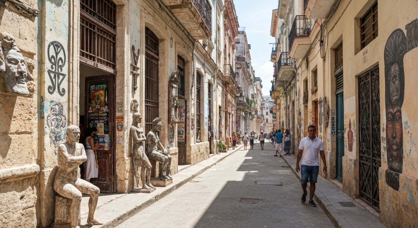 il Callejón de Hamel ricoperto di murales nella luce brillante di mezzogiorno, simboli afrocubani, sculture di recupero e pareti dipinte strettamente nel vicolo stretto