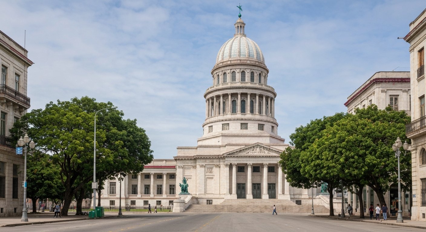 La cupola restaurata e i gradini di El Capitolio al bordo orientale del Centro Habana, visti dal livello stradale con gli alberi del Paseo del Prado nelle vicinanze