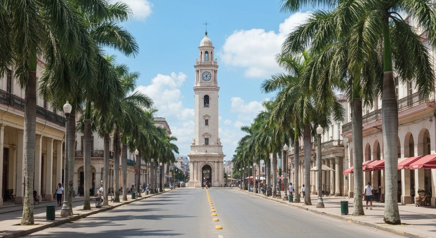 the Reloj de Quinta Avenida clock tower rising above Miramar’s median, framed by palms and the wide boulevard in bright Havana light