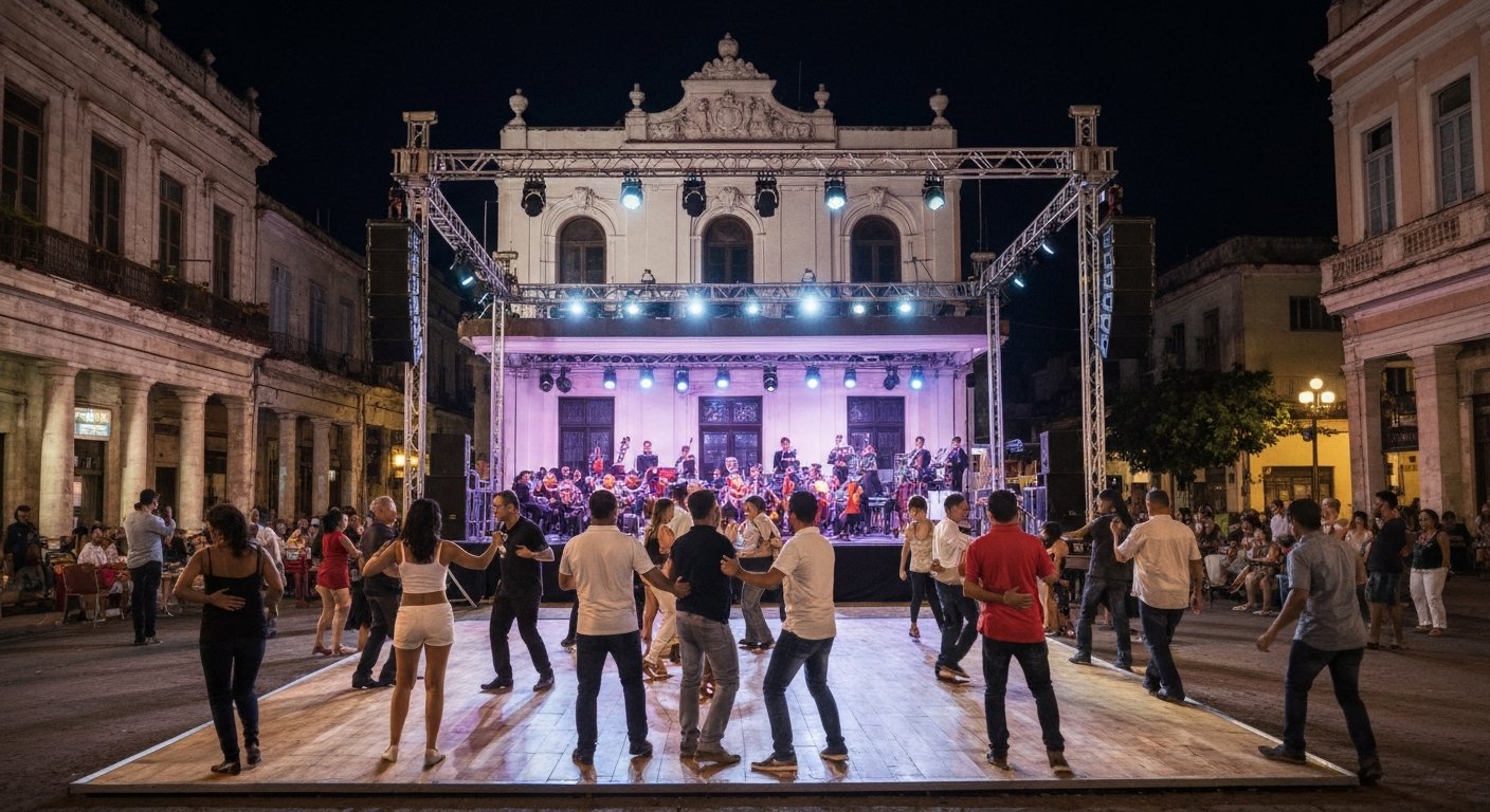 Casa de la Música Miramar at night, dancers on a packed salsa floor under stage lights with the live orchestra behind them
