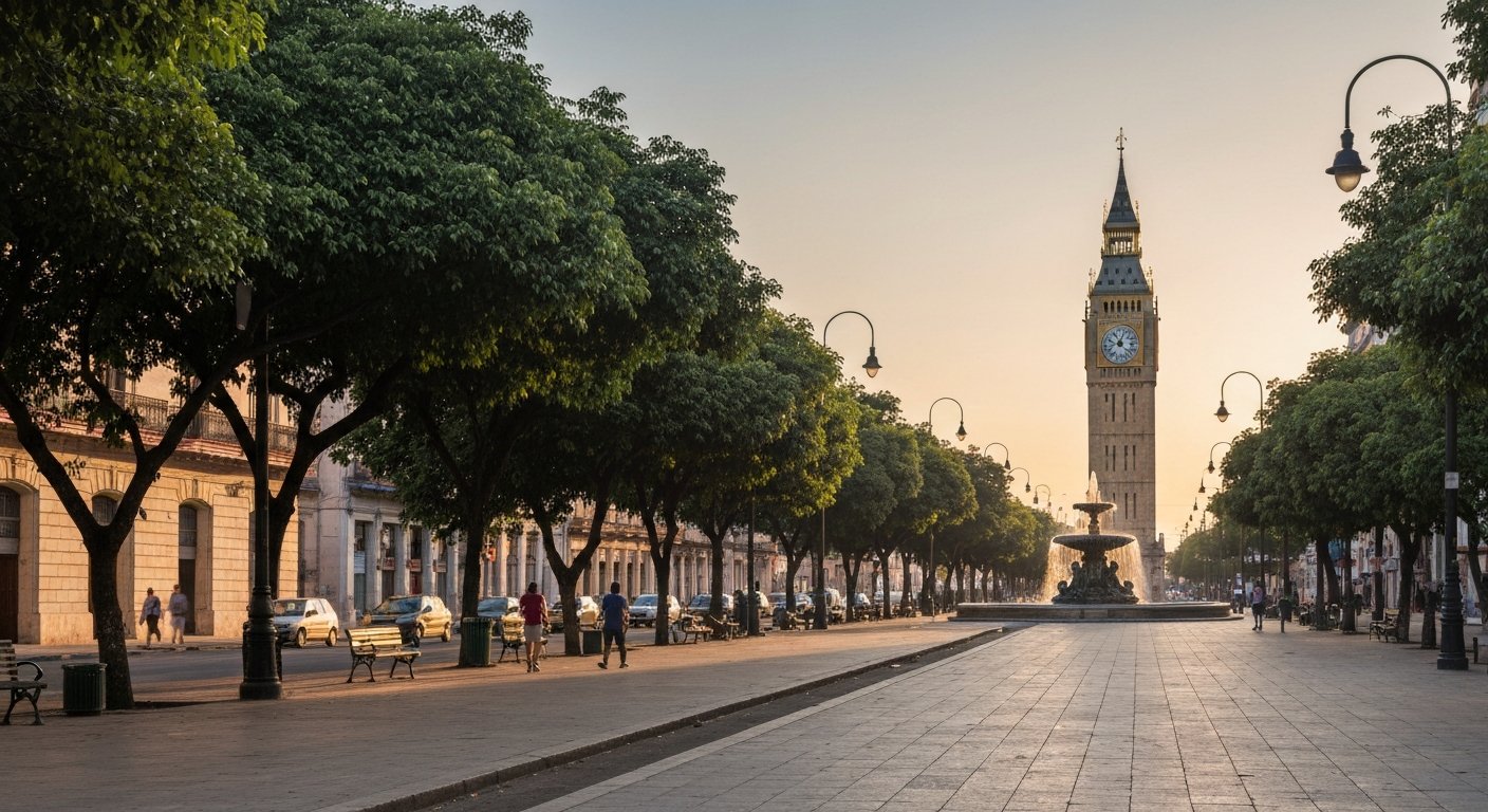 Quinta Avenida in Miramar at golden hour, the tree-lined pedestrian median stretching past the Fountain of the Americas and the Big Ben-style clock tower