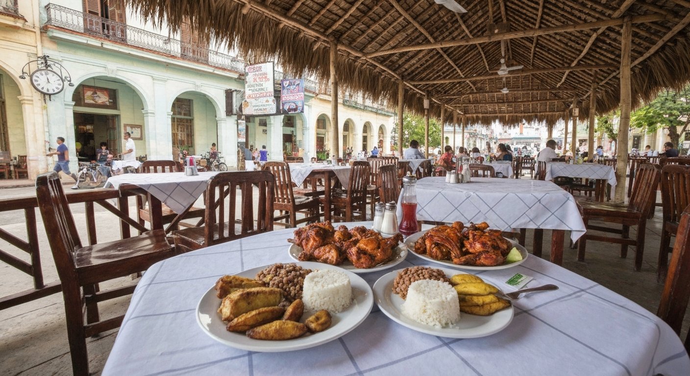 the open-air, palm-thatched dining hall at El Aljibe on Avenida 7, with platters of lacquered pollo El Aljibe and sides of rice, beans and plantains on the table