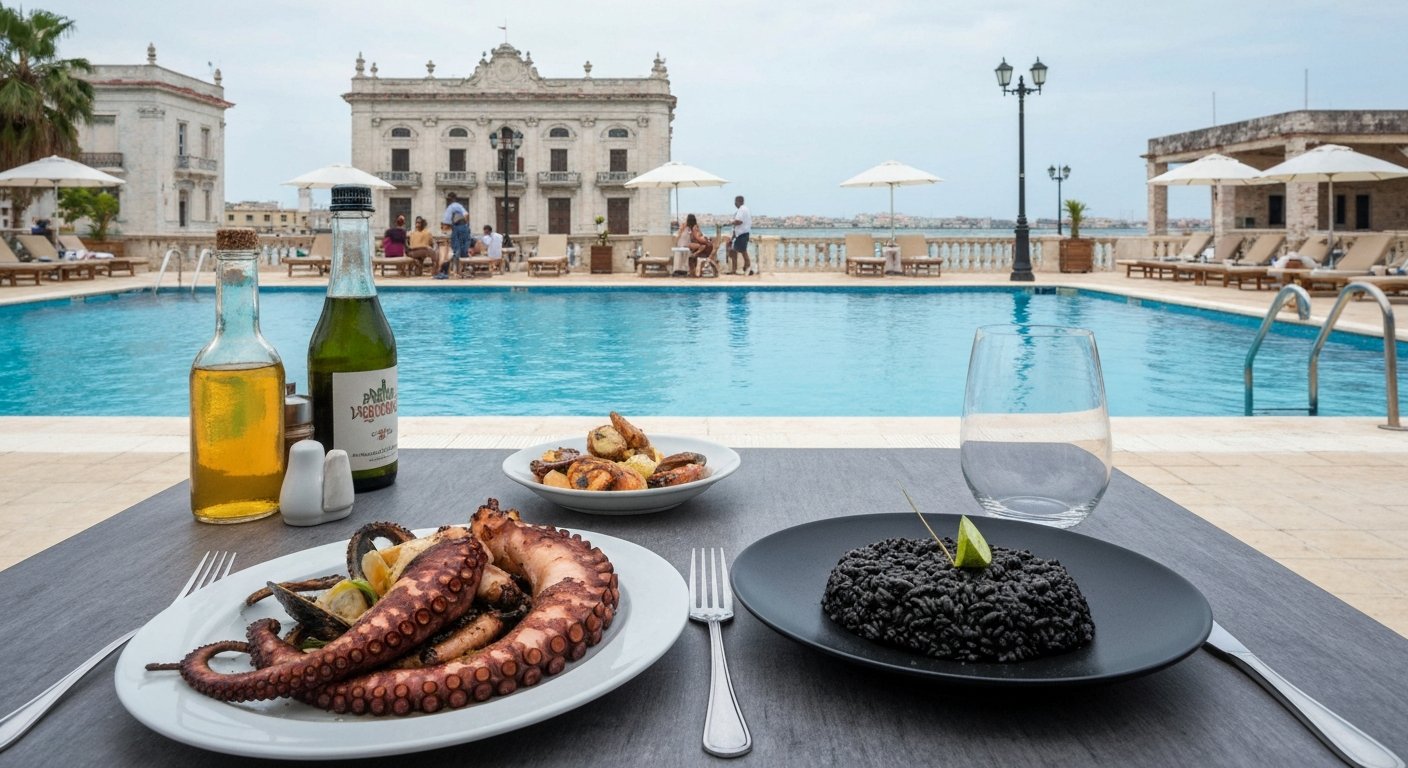 a poolside seafood table at Paladar Vistamar on the waterfront, with grilled octopus, black risotto and the terrace facing the sea