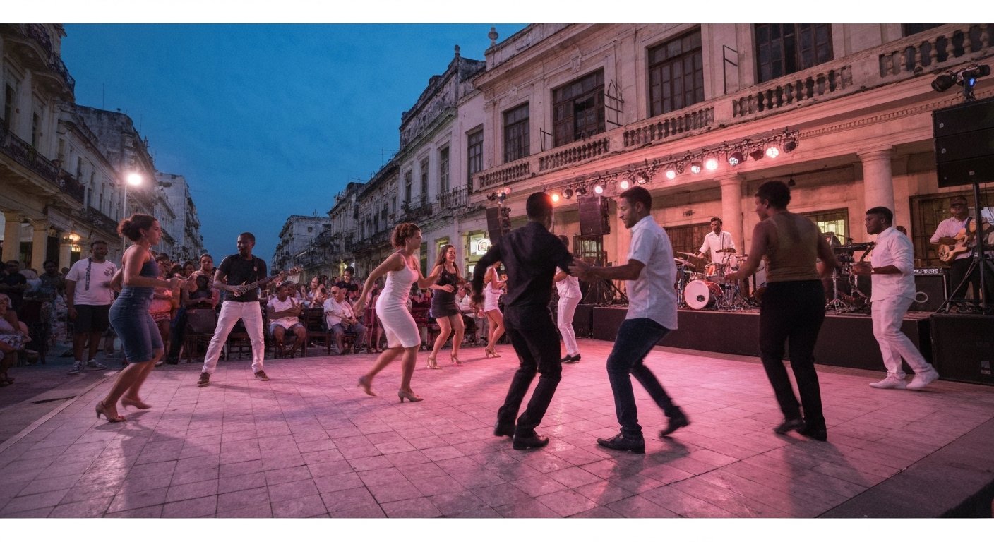 the dance floor at Casa de la Música de Miramar during the evening matinée, dancers in motion under stage lights as the band plays timba