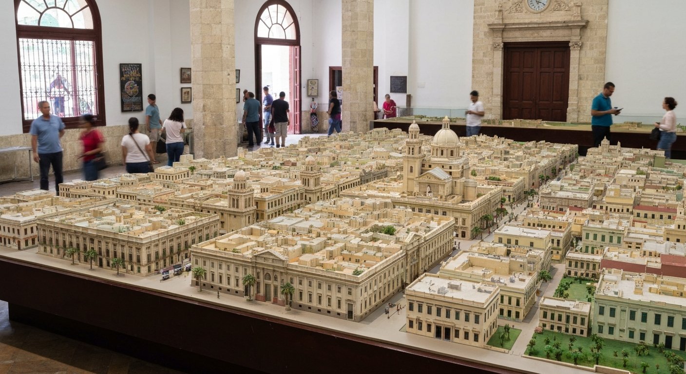 the Maqueta de La Habana viewed from above, the full 1:1000 city model spread across the room under museum lighting