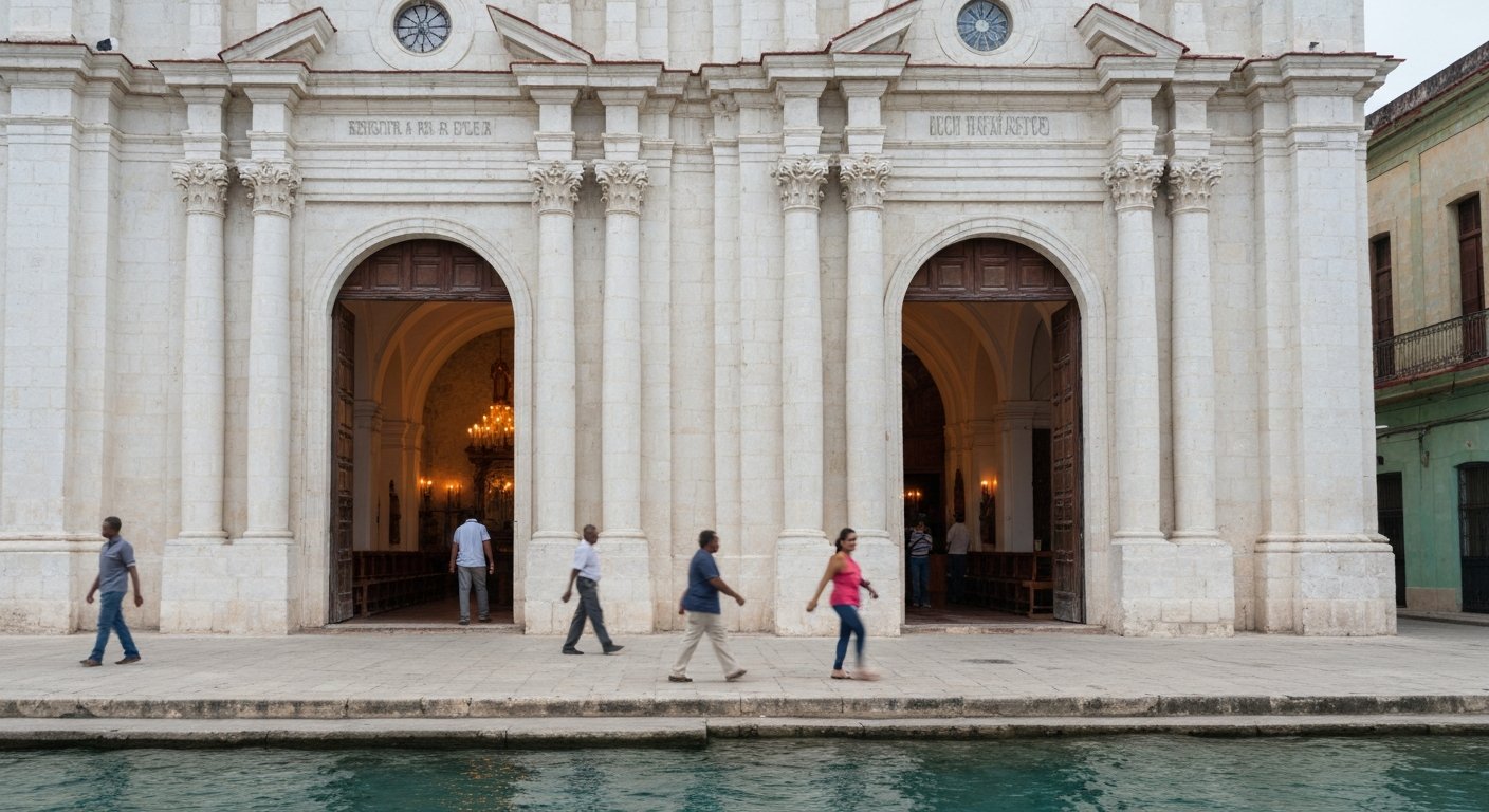 Iglesia de Nuestra Señora de Regla above the ferry dock, white facade and dim candlelit interior at midday, devotees visible in the doorway