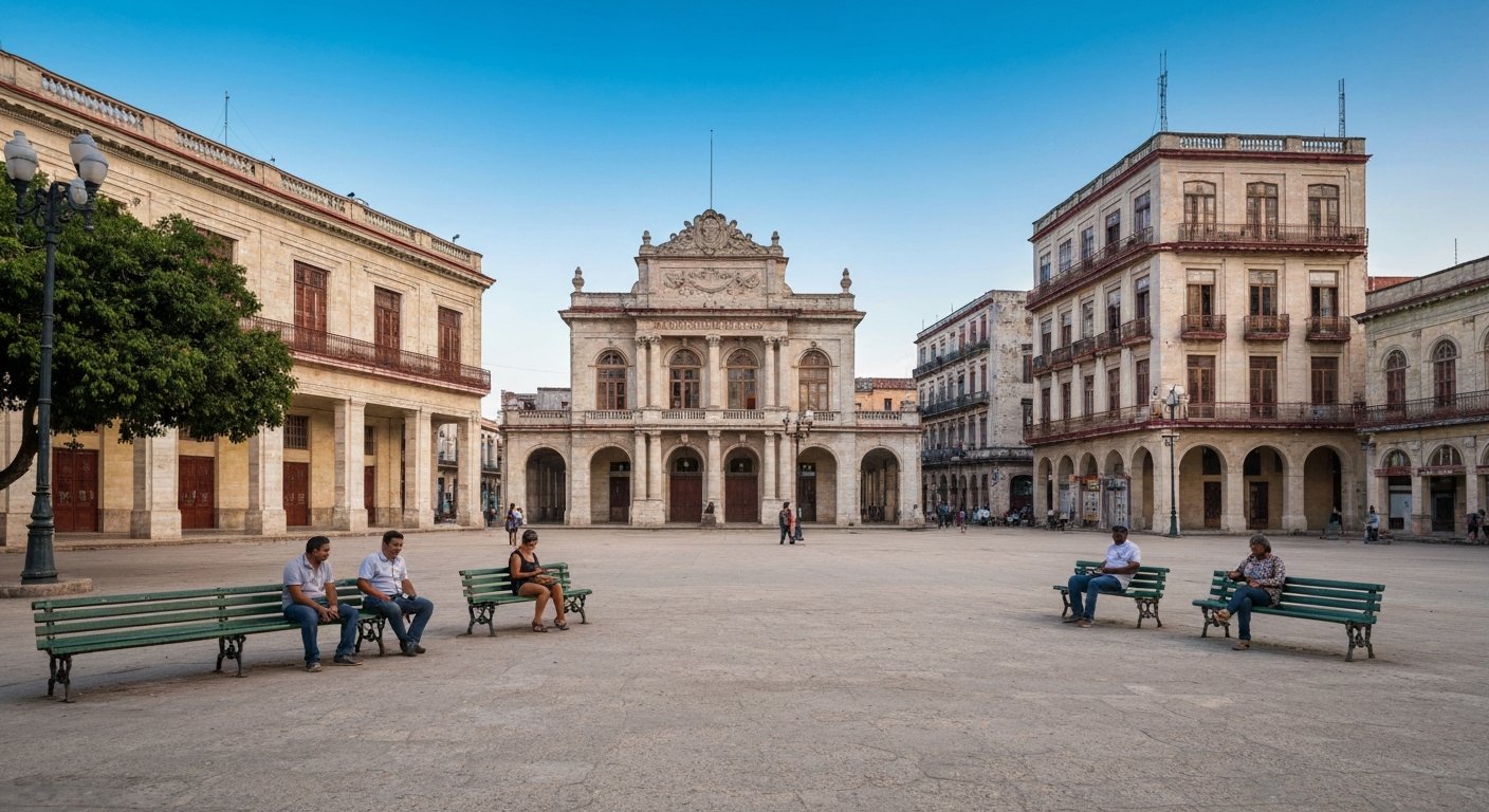 Parque Guaicanamar, the faded main square with the municipal building and old cinemas around it, late-afternoon light and locals gathering on benches