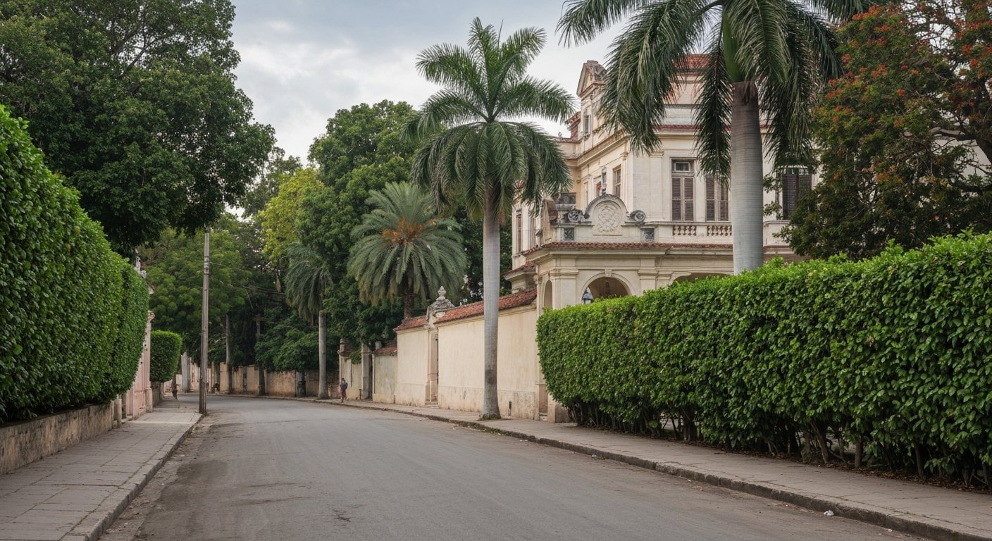 a quiet curving residential street in Siboney at late afternoon, with ficus hedges, a high-walled villa and royal palms casting long shade