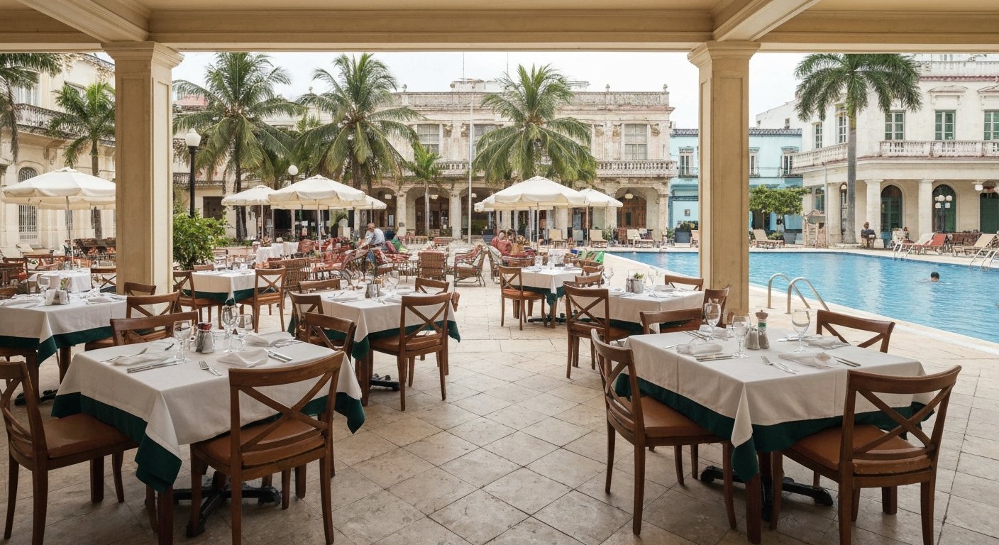 the dining room and steakhouse setting at Hotel Palco on Calle 146, bright convention-hotel lighting and simple tables beside the poolside atmosphere