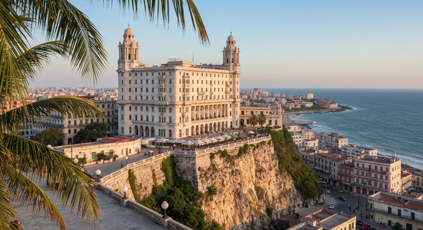 the Hotel Nacional de Cuba on its clifftop bluff above the Malecón at late afternoon, palm fronds in the foreground and Havana spread below