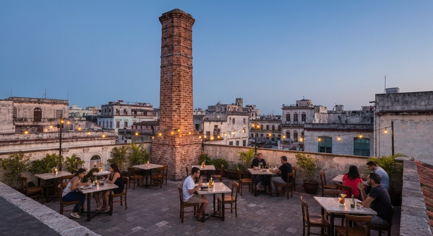 the rooftop terrace at El Cocinero beneath the old brick chimney, string lights glowing over tables and cocktails at dusk