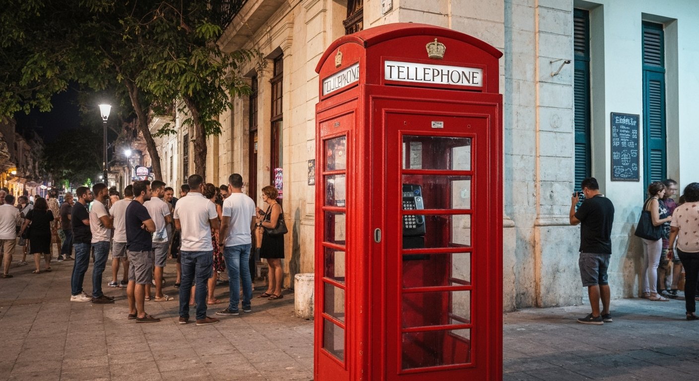 the red British phone box entrance to La Zorra y el Cuervo on Calle 23 at night, with people queuing outside before a jazz set