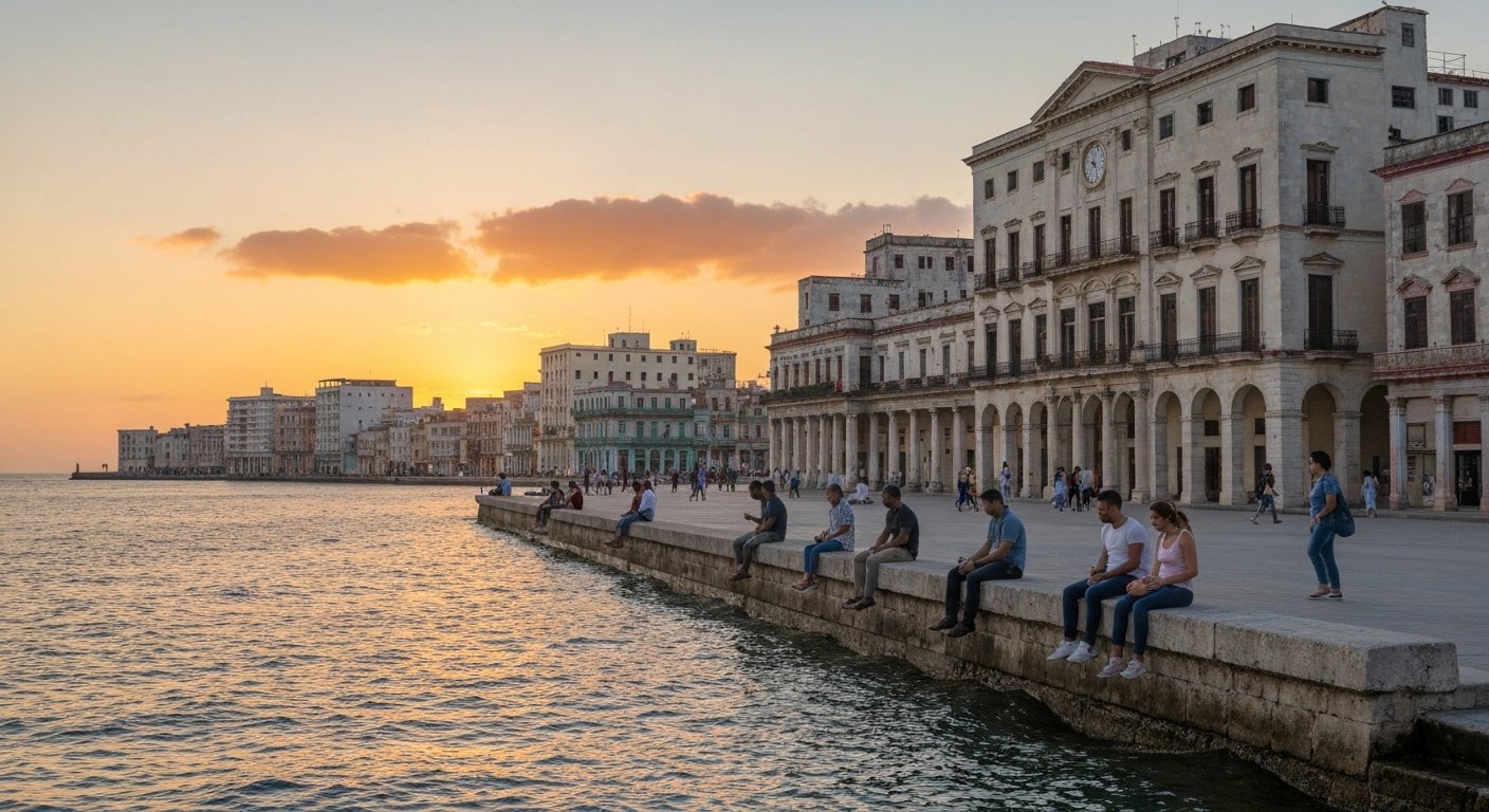 the Malecón in Vedado at sunset, people sitting on the sea wall with the water catching the last light and the city behind them