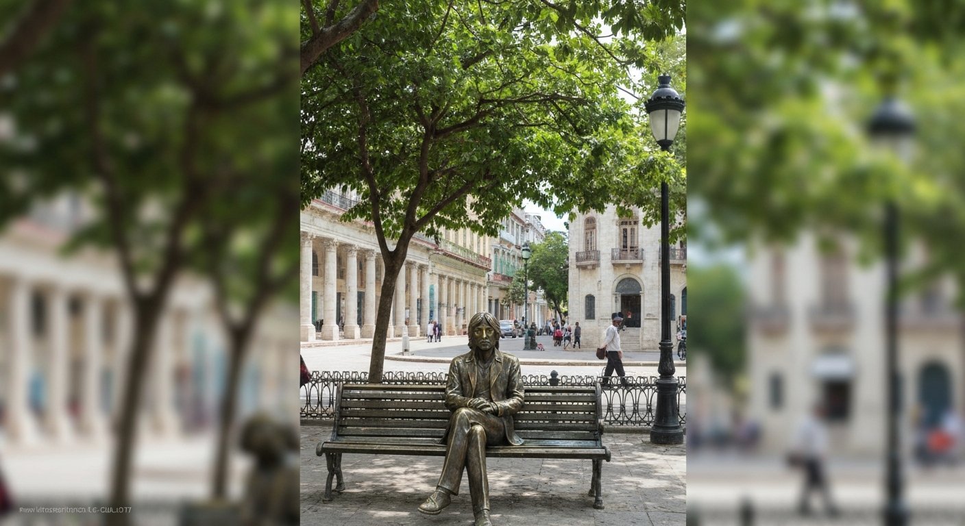 the bronze John Lennon seated on a bench in Parque John Lennon on Calle 17, leafy shade and a caretaker nearby